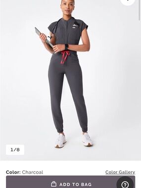 Figs Charcoal Jumpsuit with Red Drawstring